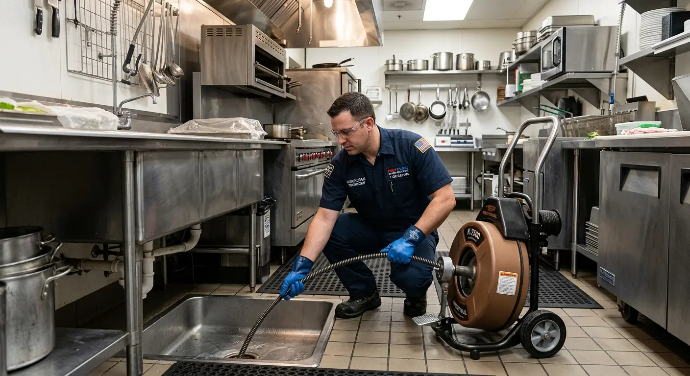 Commercial drain cleaning service in a restaurant kitchen in Charleston