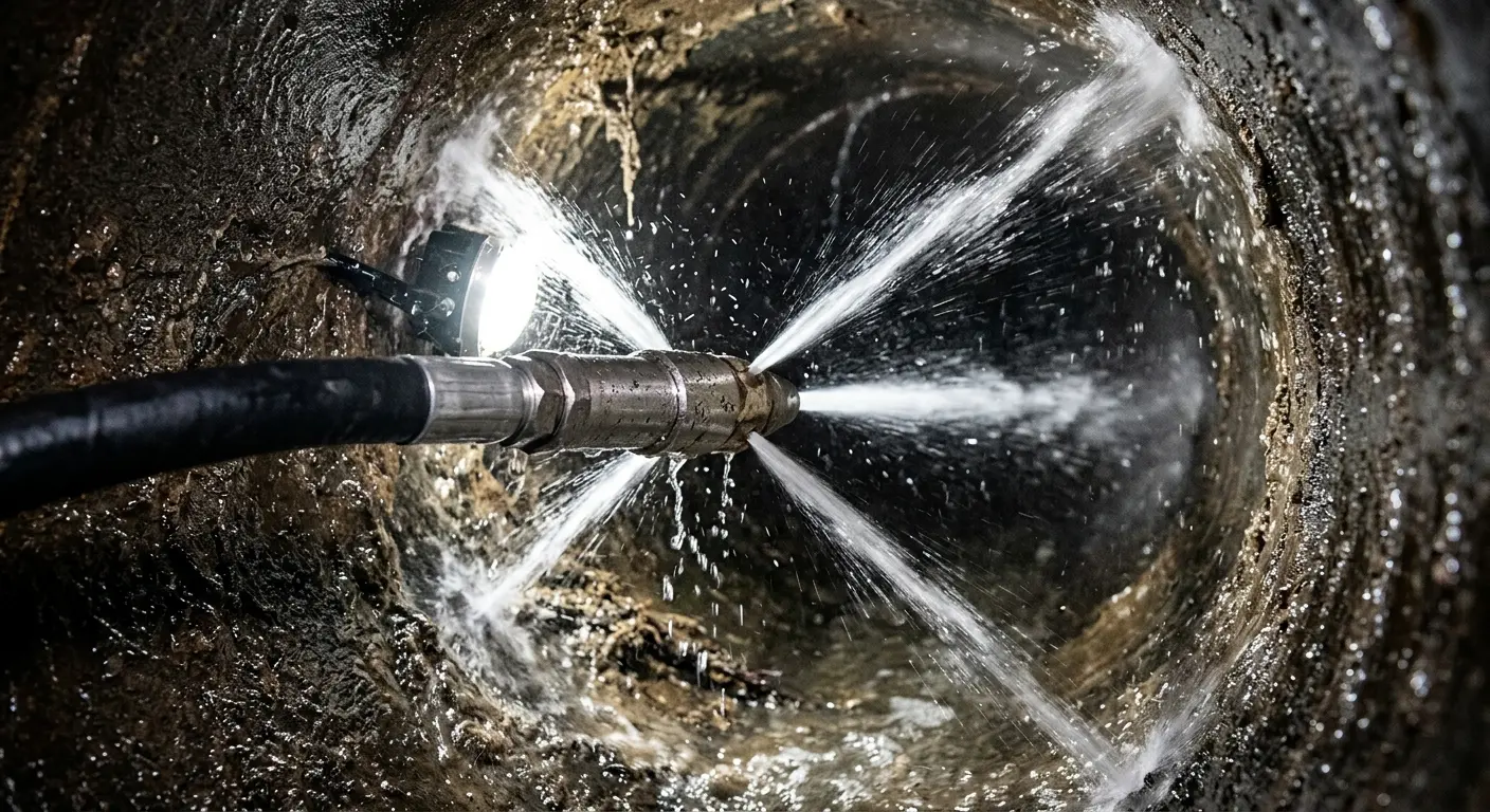 High-pressure hydro jetting nozzle cleaning sewer pipe for Emergency Drain Service in Charleston