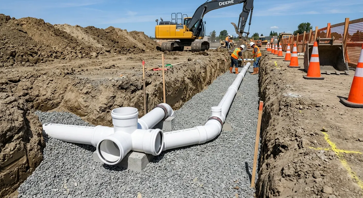 New PVC sewer pipe installation in open trench for Sewer Backup in Charleston